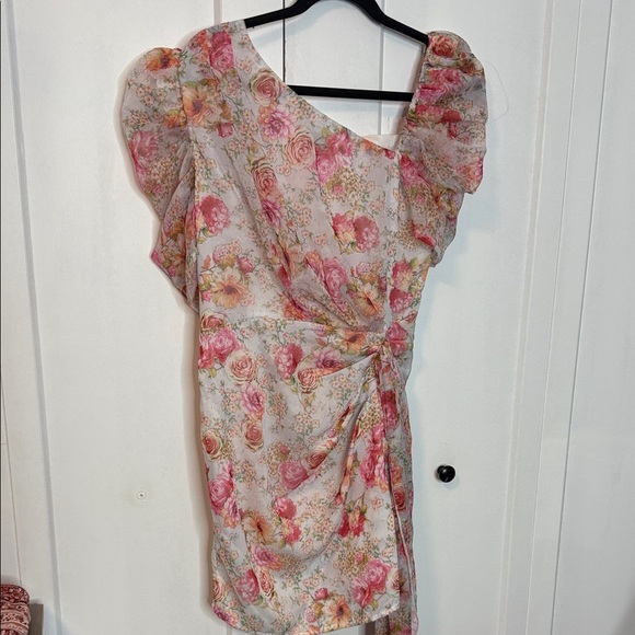 PrettyLittleThing Asymmetrical Floral Dress - Pink and Cream - US12 - Picture 1 of 6